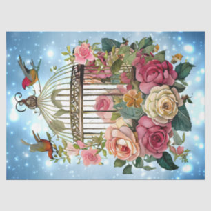 Winter Blue Watercolor Floral Bird Cage Decoupage Tissue Paper