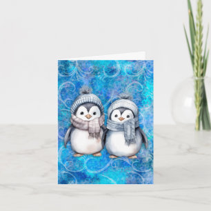 Winter Blue Watercolor Penguins Scarves Hats Card