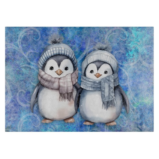 Winter Blue Watercolor Penguins Scarves Hats Cutting Board (Front)