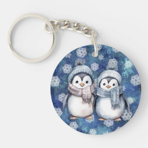 Winter Blue Watercolor Penguins Scarves Hats Key Ring