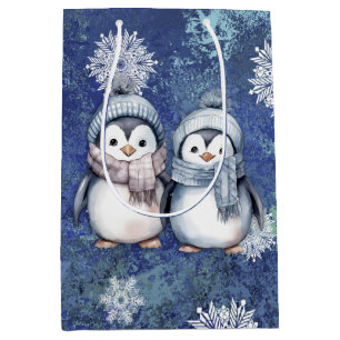 Winter Blue Watercolor Penguins Scarves Hats Medium Gift Bag