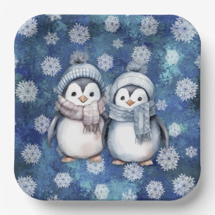 Winter Blue Watercolor Penguins Scarves Hats Paper Plate