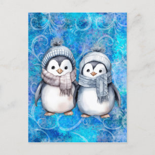 Winter Blue Watercolor Penguins Scarves Hats Postcard