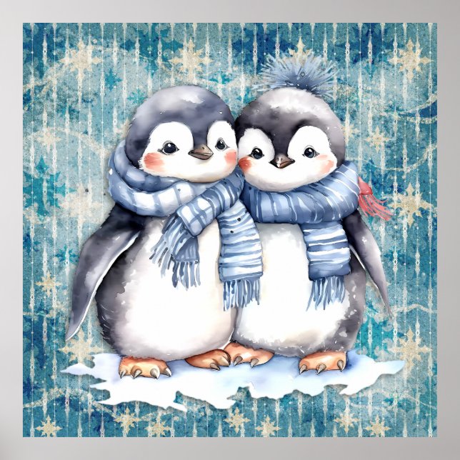 Winter Blue Watercolor Penguins Scarves Hats Poster (Front)