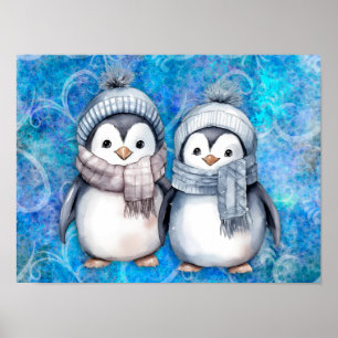 Winter Blue Watercolor Penguins Scarves Hats Poster