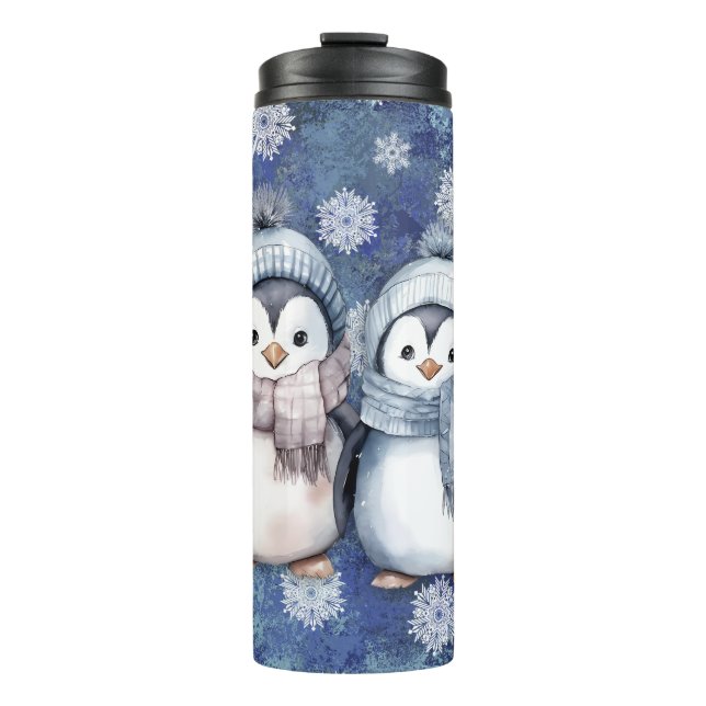Winter Blue Watercolor Penguins Scarves Hats Thermal Tumbler (Front)