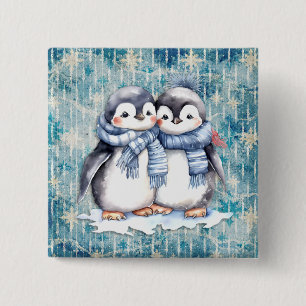 Winter Blue Watercolor Penguins With Scarves 15 Cm Square Badge