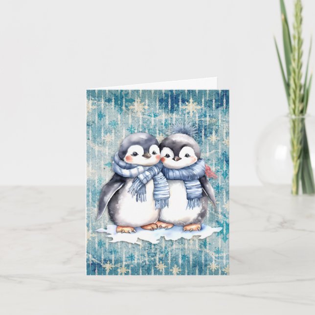 Winter Blue Watercolor Penguins With Scarves Card (Front)