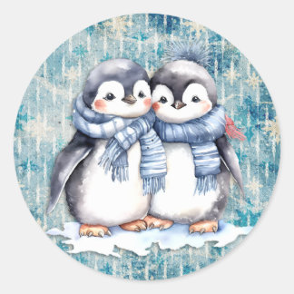 Winter Blue Watercolor Penguins With Scarves Classic Round Sticker