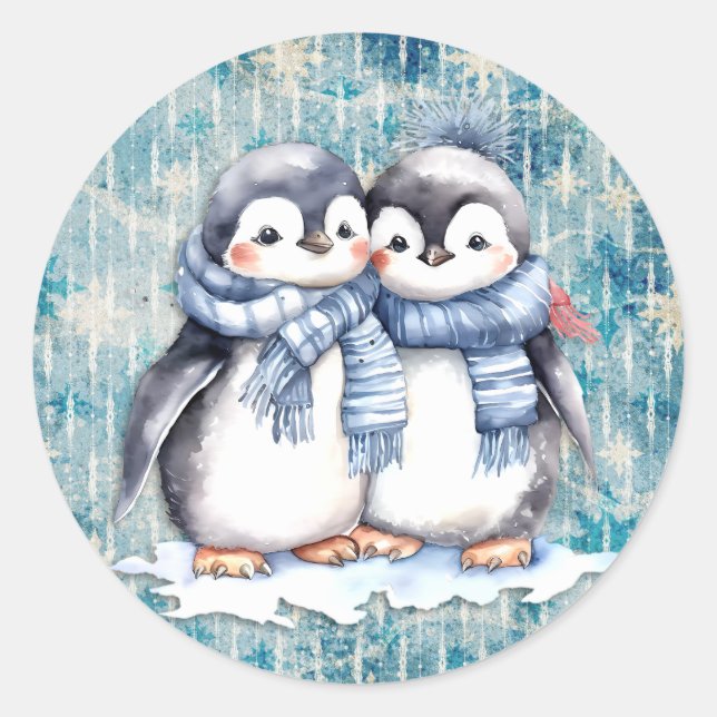 Winter Blue Watercolor Penguins With Scarves Classic Round Sticker (Front)