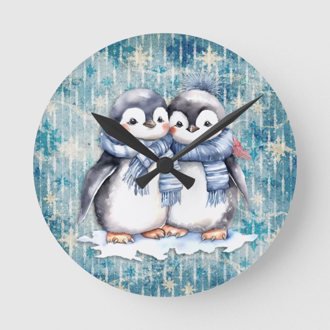 Winter Blue Watercolor Penguins With Scarves Round Clock (Front)