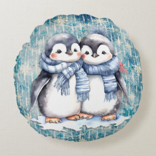 Winter Blue Watercolor Penguins With Scarves Round Cushion