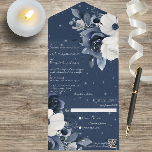 Winter Blue & White Floral on Navy Blue QR Code All In One Invitation