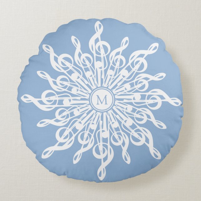 Winter Blue White Snowflake Music Notes Monogram Round Cushion (Front)