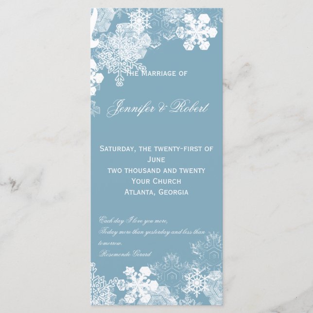 Winter Blue White Snowflakes Wedding Program (Front)