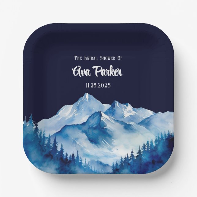 Winter Blue White Snowy Mountains Bridal Shower Paper Plate (Front)