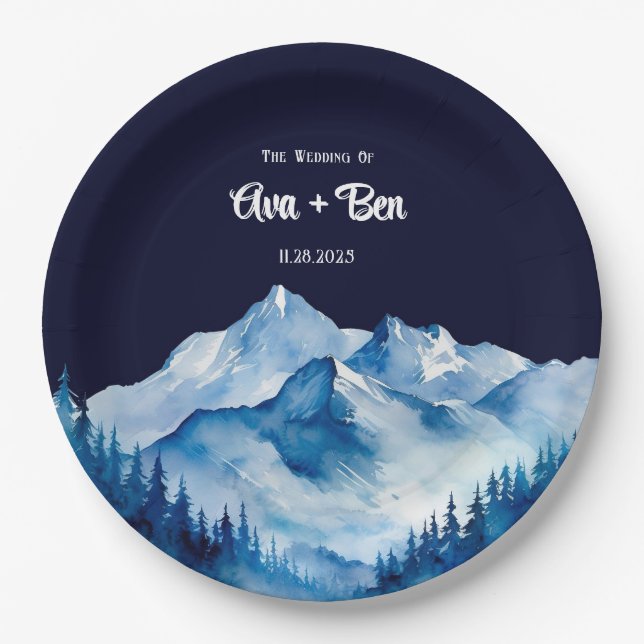 Winter Blue White Snowy Mountains Wedding Paper Plate (Front)