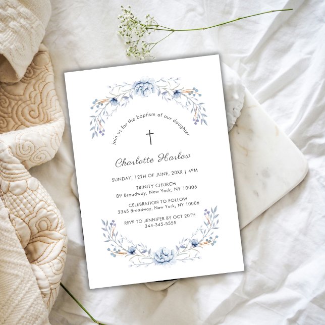 Winter Blue Wildflower Wreath Cross Baptism  Invitation (Winter Blue Wildflower Wreath Cross Baptism Invitation)