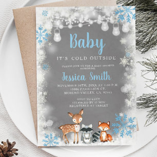 Winter Blue Woodland Boy Baby Shower Invitation