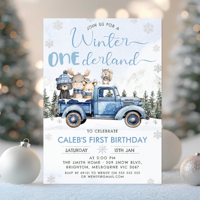 Winter Blue Woodland Truck Onederland 1st Birthday Invitation (Winter Onederland Birthday Invitation, Winter Onederland - 1st Birthday Invitation Template, Truck)