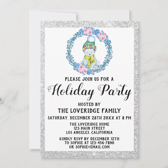 Winter Blue Wreath Christmas Holiday Party Silver Invitation (Front)