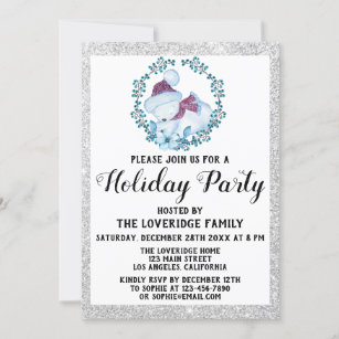 Winter Blue Wreath Christmas Holiday Party Silver Invitation