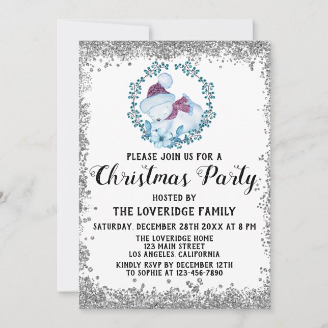 Winter Blue Wreath Holiday Christmas Party Silver Invitation (Front)