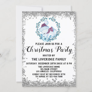 Winter Blue Wreath Holiday Christmas Party Silver Invitation