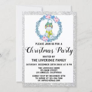 Winter Blue Wreath Holiday Christmas Party Silver Invitation