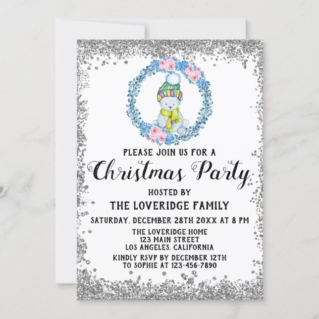 Winter Blue Wreath Holiday Christmas Party Silver Invitation (Front)