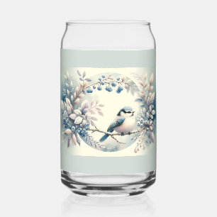 Winter Bluebird Berry Wreath Can Glass