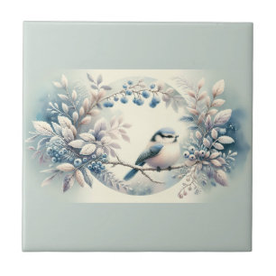 Winter Bluebird Berry Wreath Ceramic Tile