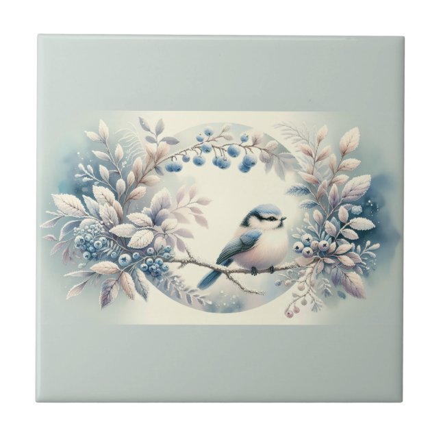 Winter Bluebird Berry Wreath Ceramic Tile (Front)