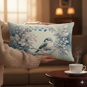 Winter Bluebird Berry Wreath Lumbar Cushion