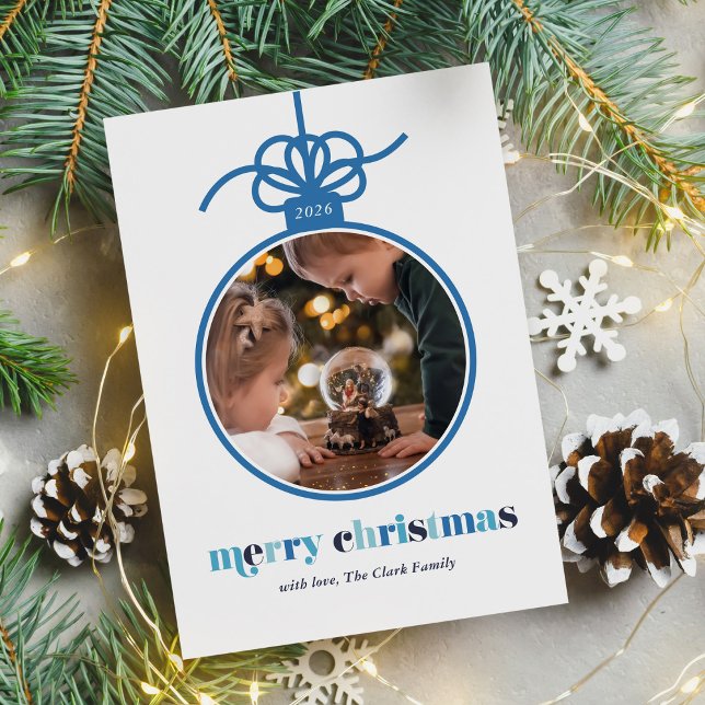 Winter Blues Bold Letters Ornament Photo Holiday Card (Creator Uploaded)
