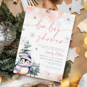 Winter blush and pink penguin Baby Shower Invitation