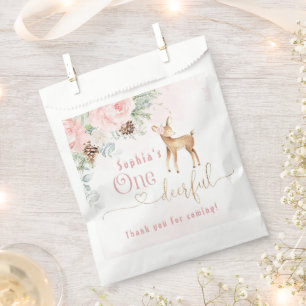 Winter blush pink first birthday deer favour bag