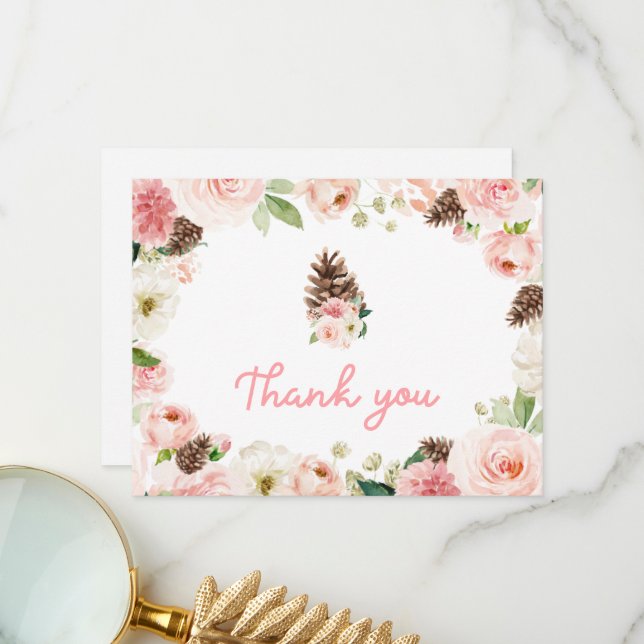 Winter Blush Pink Floral Baby Shower Thank You Card (Front/Back In Situ)