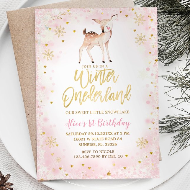 Winter Blush Pink Snowflakes Onederland Birthday Invitation (Creator Uploaded)