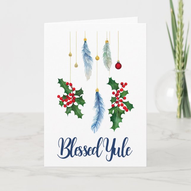 Winter Boho Blue Feathers & Holly Yule Solstice Card (Front)