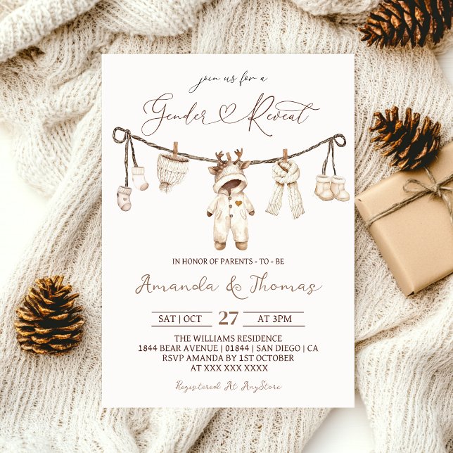 Winter Boho Clothesline Gender Reveal Invitation (Creator Uploaded)