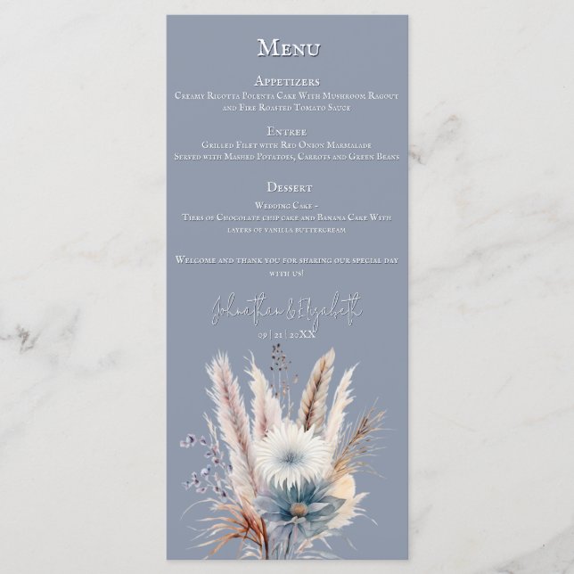 Winter Boho Floral Wedding | Blue Menu (Front)