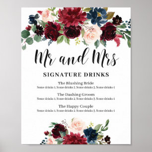 Winter Boho Floral Wedding signature drinks sign