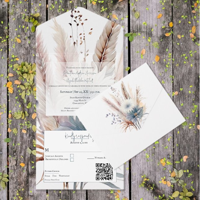 Winter Boho Floral Wedding | White All In One Invitation (White Winter Boho Floral Wedding All in One Invitation)