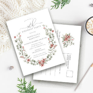 Winter Boho Greenery Red Floral 90th Birthday Invitation Postcard