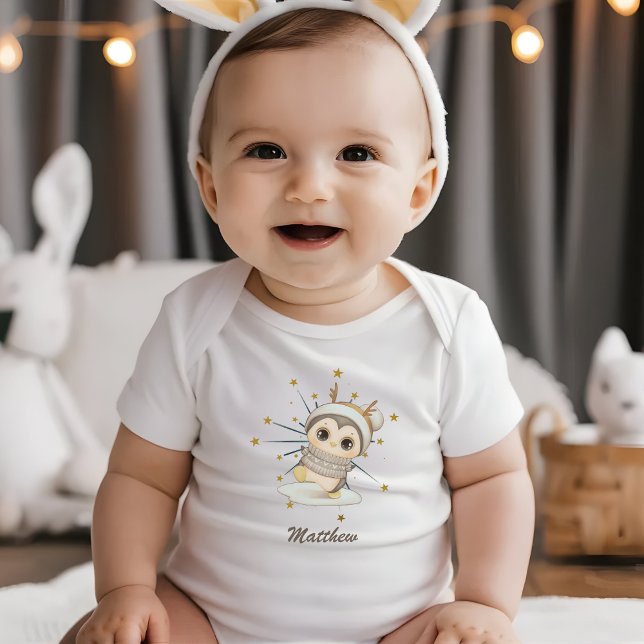 Winter Boho Penguin With Stars And Name Baby Bodysuit (Creator Uploaded)
