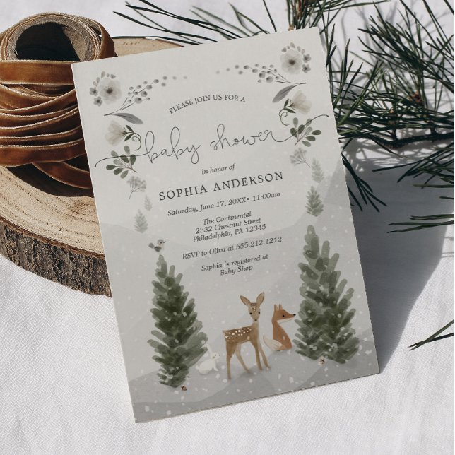 Winter Boho Woodland Baby Shower Invitation Card (Winter Boho Woodland Baby Shower Invitation)