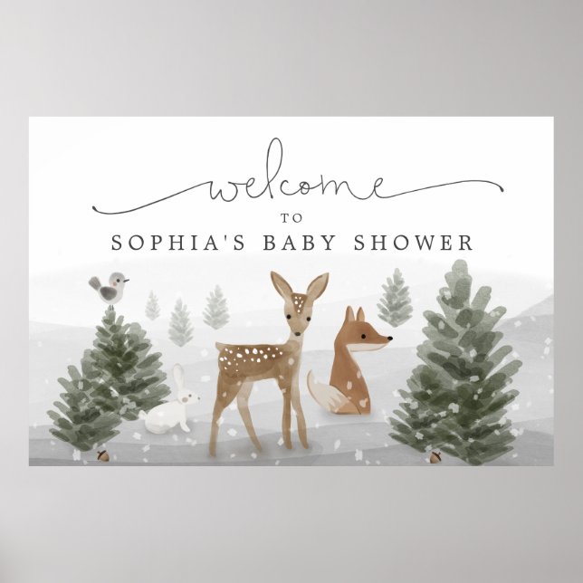 Winter Boho Woodland Baby Shower Poster Sign (Front)
