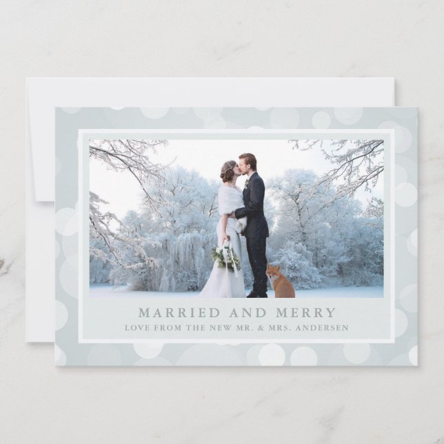 Winter Bokeh | Three Photo Married and Merry Holiday Card (Front)