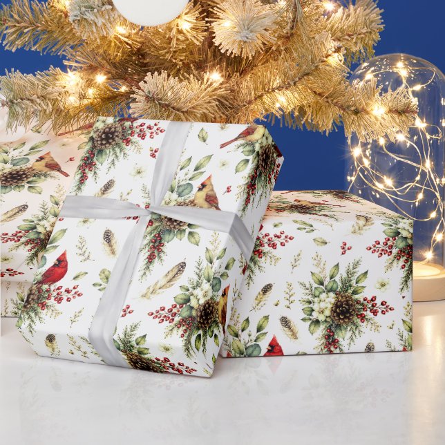 Winter Botanica Cardinal Pair Botanical Pattern Wrapping Paper (Holidays)